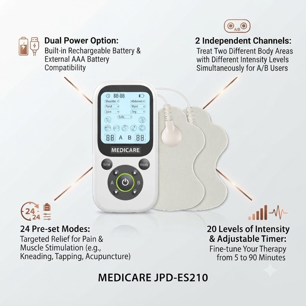 Medicare JPD-ES210 TENS unit showing dual power options, 24 pre-set modes, 2 independent channels, and adjustable intensity levels for pain relief.
