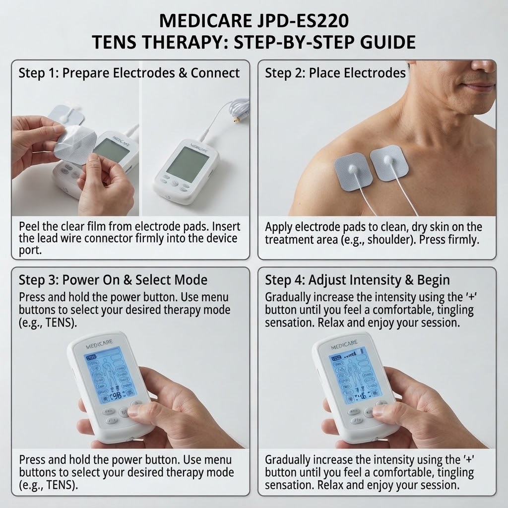 Step-by-step instruction guide for the Medicare JPD-ES220 TENS therapy device showing electrode placement and operation.