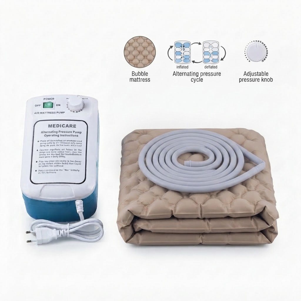 Components of the MEDICARE pressure relief mattress system: pump unit, folded mattress, and air tubes, with visual icons for cycle and knob.