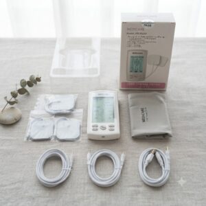 Unboxed Medicare TENS therapy machine showing multiple connection cables, spare electrode pads, and storage pouch.