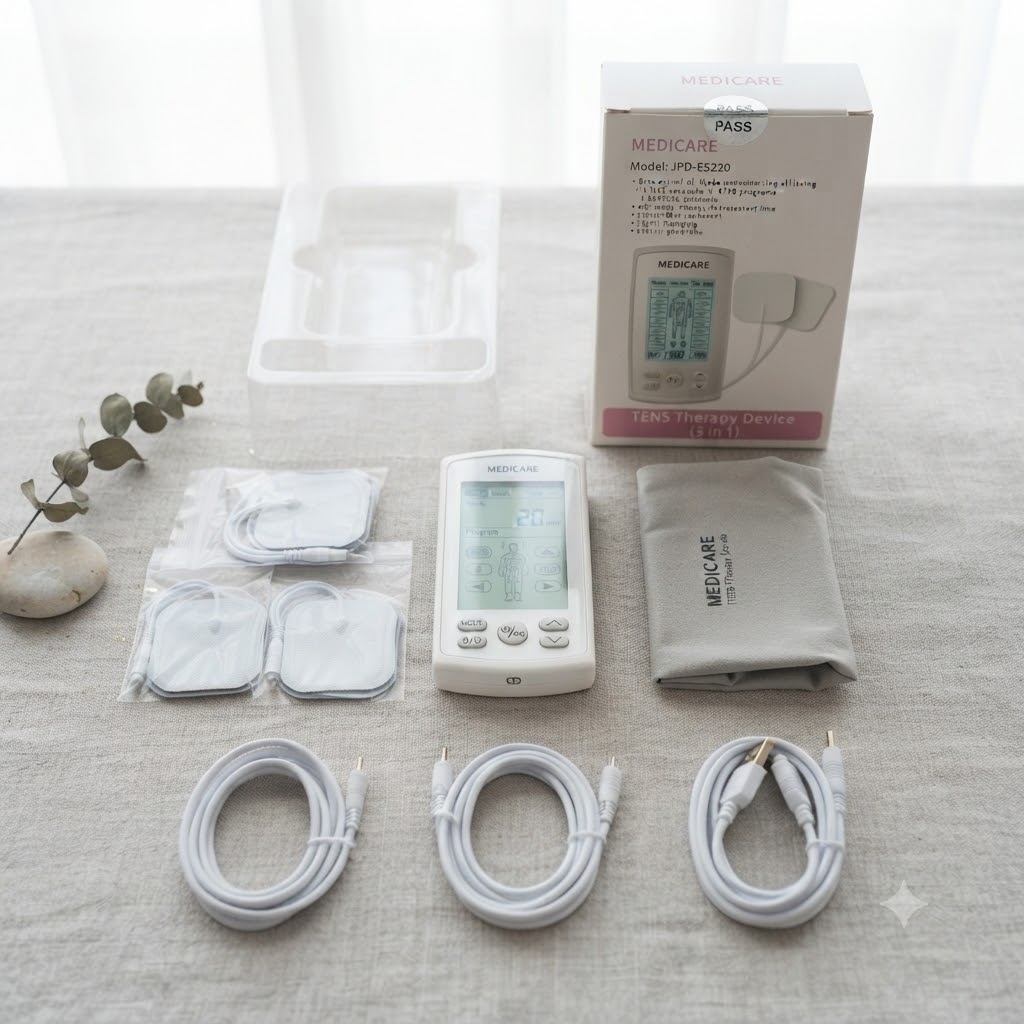 Unboxed Medicare TENS therapy machine showing multiple connection cables, spare electrode pads, and storage pouch.