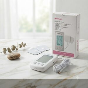Medicare 3-in-1 TENS Therapy Device with digital display, electrode pads, and packaging, designed for home pain management and muscle relaxation.