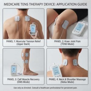 Application guide infographic for the Medicare TENS therapy device showing pad placement for upper back, knee, calf, and neck pain relief.