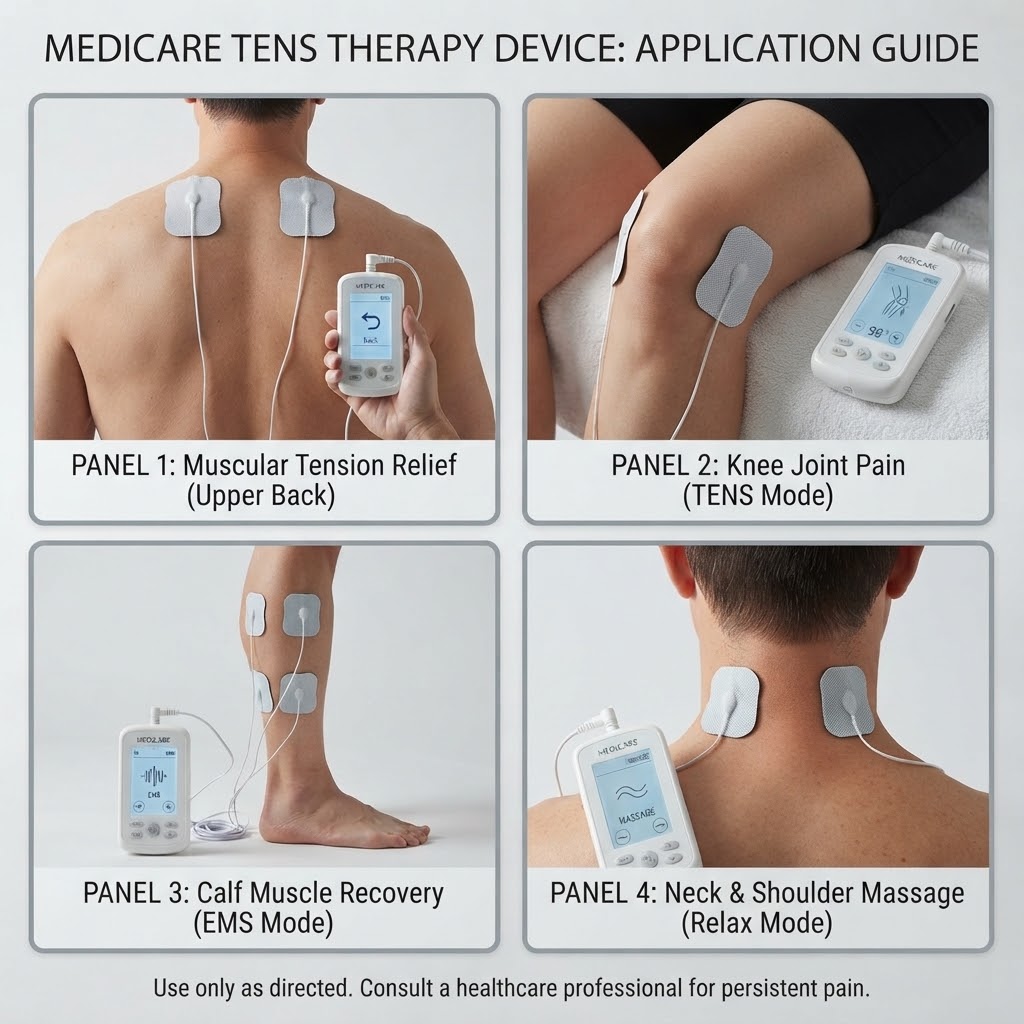 Application guide infographic for the Medicare TENS therapy device showing pad placement for upper back, knee, calf, and neck pain relief.