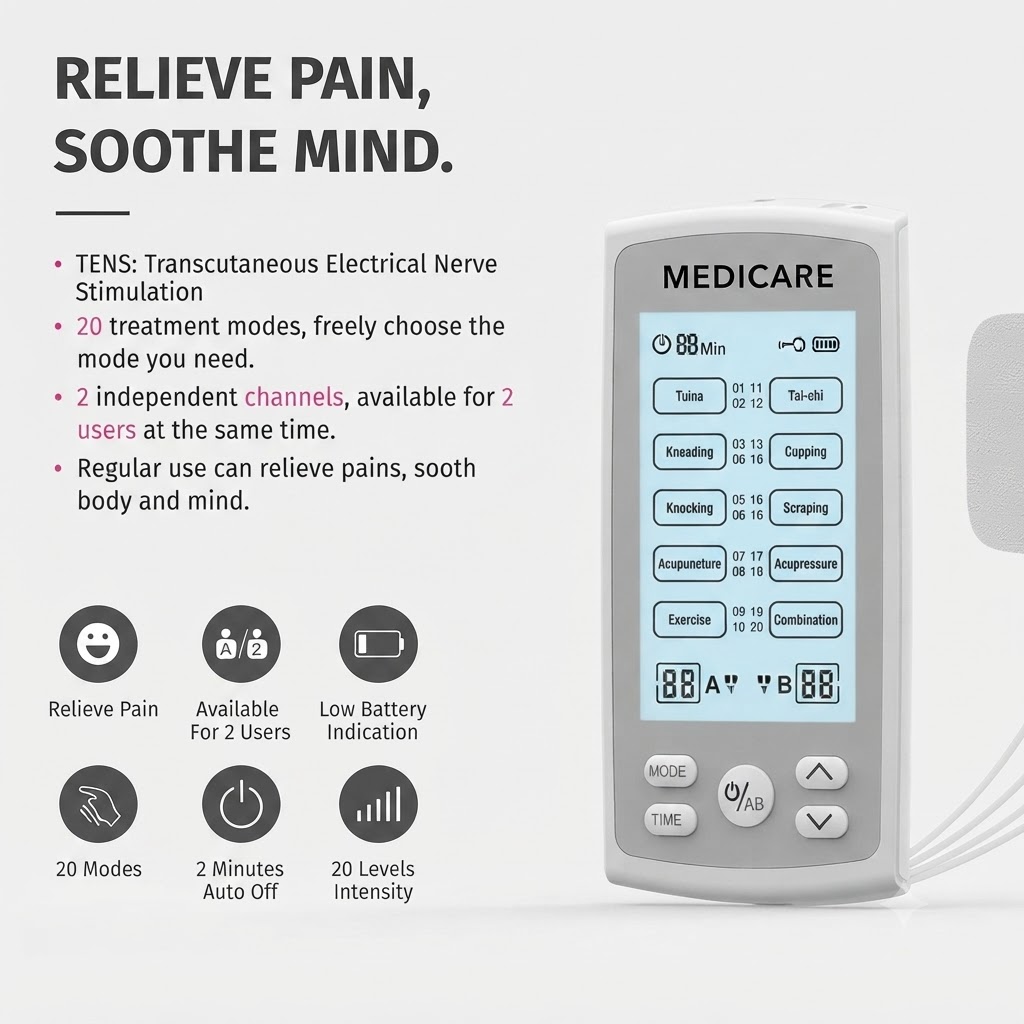 Close-up display of the Medicare TENS therapy device screen detailing massage modes like Tuina, kneading, and cupping.