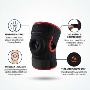 Diagram showing features of open knee patella brace including patella stabilizer and reinforced stays.