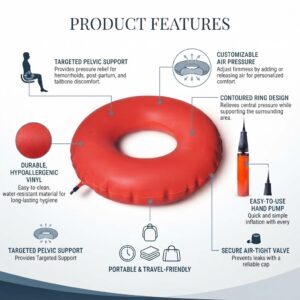 An infographic illustrating the product features of a red inflatable donut cushion, including targeted pelvic support, customizable air pressure, durable vinyl material, and portability.