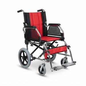 Front three-quarter view of the RedLine portable transport wheelchair with solid tires and ergonomic push handles.
