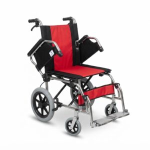 Friendly) 3ad2cc84-...jpg redline-lightweight-folding-wheelchair-side-angle.webp Side angle view of the RedLine lightweight folding wheelchair featuring a chrome frame and red-black padded upholstery.