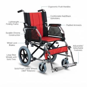 Annotated product diagram labeling the parts and features of the RedLine folding wheelchair.