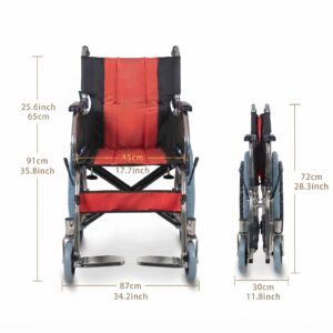 Dimensions and sizing guide infographic showing measurements for the open and folded RedLine lightweight wheelchair.