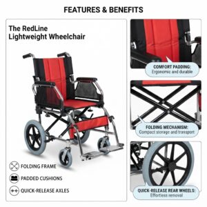 Infographic highlighting key features and benefits of the RedLine folding wheelchair including comfort padding and quick-release wheels.