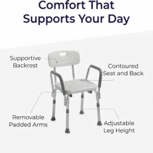 Medical shower chair featuring a supportive backrest, contoured seat, and removable padded arms
