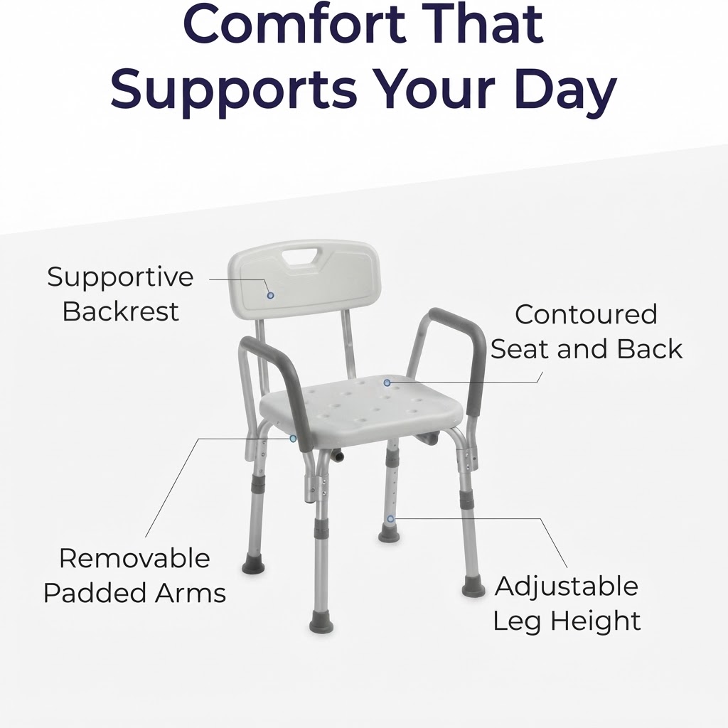 Medical shower chair featuring a supportive backrest, contoured seat, and removable padded arms
