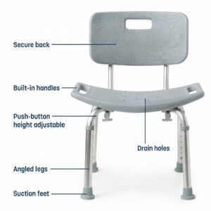 Labeled diagram highlighting the secure back, built-in handles, adjustable height push-buttons, drain holes, angled legs, and suction feet.