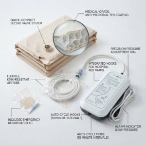 Detailed breakdown of features for the Unique anti-decubitus air mattress, including pressure dial and repair kit. Features of