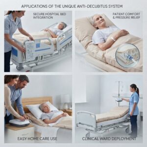 Collage showing clinical and home care applications of the Unique anti-decubitus air mattress system.