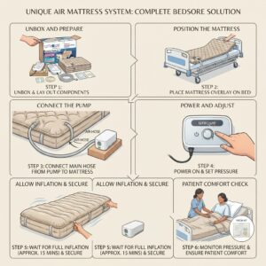 Step-by-step visual guide on how to set up and use the Unique anti-decubitus air mattress system.