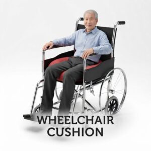 An elderly Asian man smiling while seated in a chrome and black wheelchair. Text overlay reads "WHEELCHAIR CUSHION".