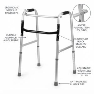 Diagram of the folding medical walker with callout labels pointing to the ergonomic non-slip handgrips, durable aluminum alloy frame, push-button folding mechanism, black stability collars, adjustable height legs, and anti-marking rubber tips.