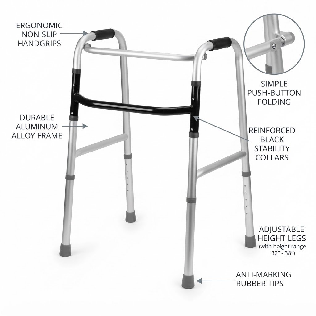 Diagram of the folding medical walker with callout labels pointing to the ergonomic non-slip handgrips, durable aluminum alloy frame, push-button folding mechanism, black stability collars, adjustable height legs, and anti-marking rubber tips.
