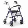 Blue medical rollator walker featuring a comfortable padded seat and removable wire basket - Hassani Surgicals