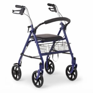 Blue medical rollator walker featuring a comfortable padded seat and removable wire basket - Hassani Surgicals