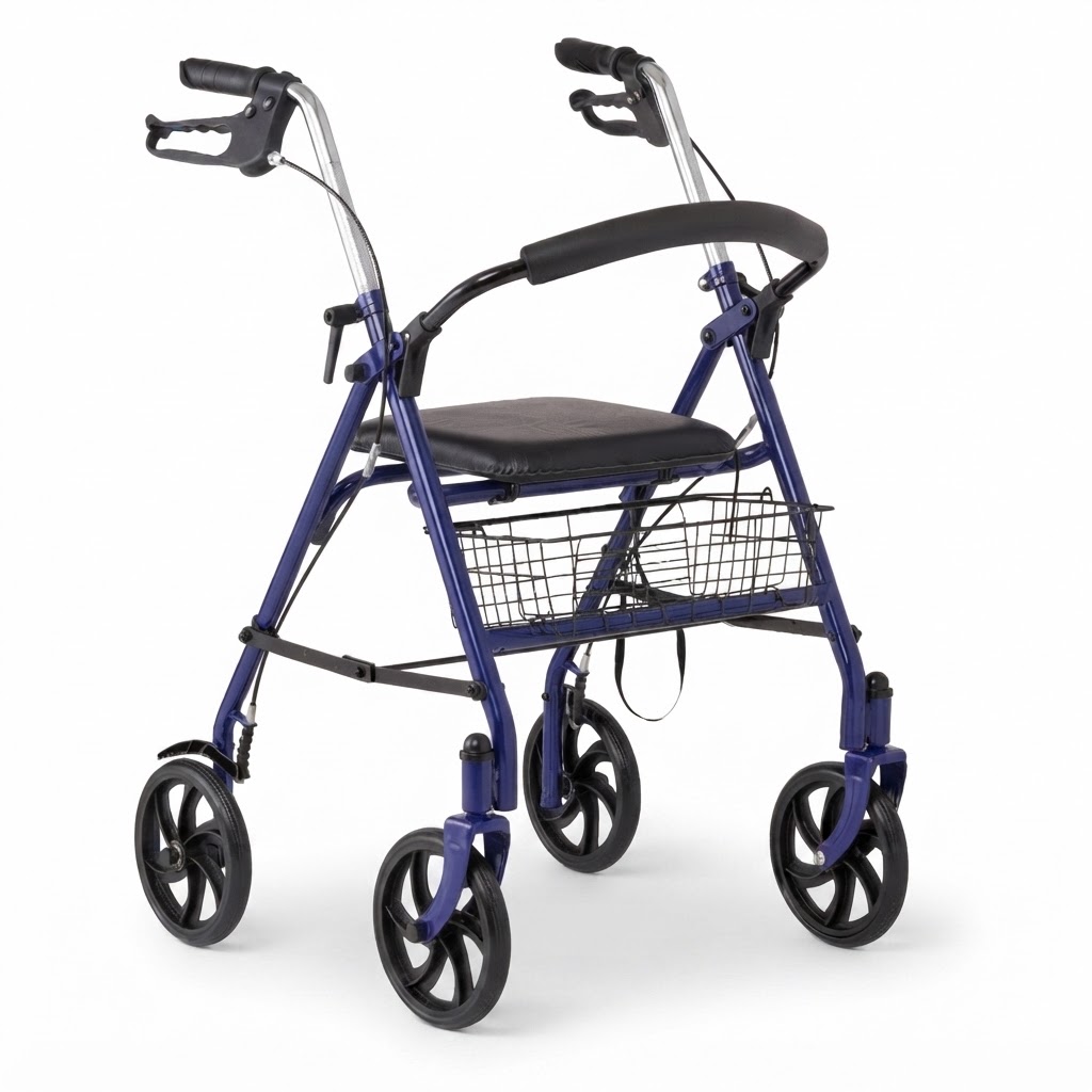Blue medical rollator walker featuring a comfortable padded seat and removable wire basket - Hassani Surgicals