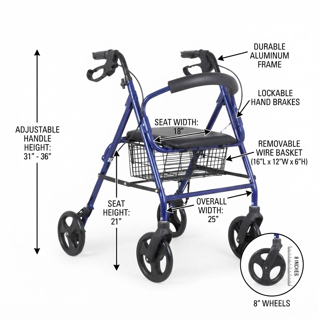 Product dimension guide showing 31-36 inch adjustable handle height for blue rollator walker - Hassani Surgicals