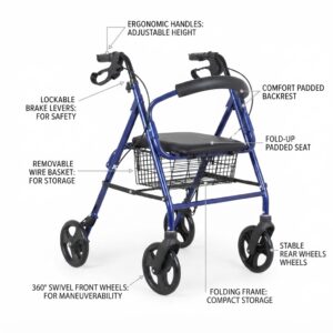 Labeled product features of a blue rollator walker including ergonomic handles and lockable brakes - Hassani Surgicals
