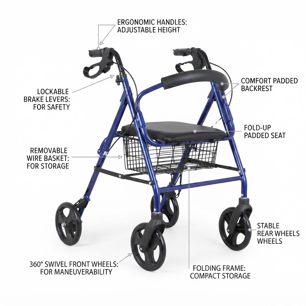 Labeled product features of a blue rollator walker including ergonomic handles and lockable brakes - Hassani Surgicals
