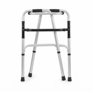 Front view of the adult medical walker folded flat into a compact storage configuration, showing the collapsed aluminum frame and folded legs.