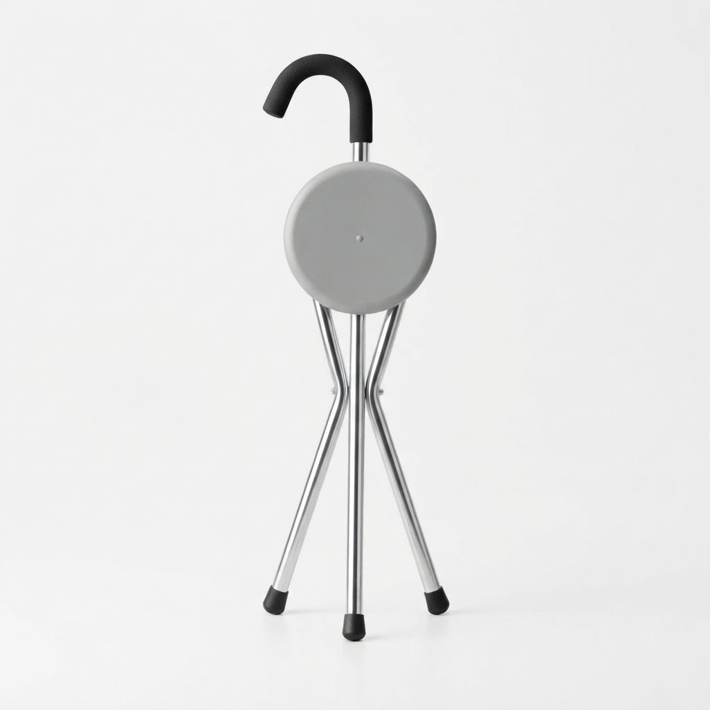 Compact folded walking stick chair with portable tripod design for old age and patient mobility support in Pakistan
