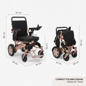 Side-by-side comparison of the electric wheelchair in open and compact folded states, detailing measurements such as 96 cm total height, 61 cm width, 94 cm length, 50 cm seat height, 45 cm seat width, and 35 cm folded width ready for travel.