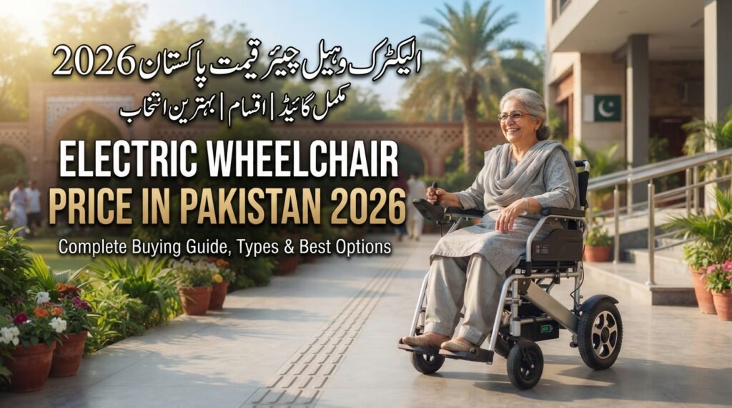 Electric wheelchair price in Pakistan 2026, featuring a modern motorized wheelchair for seniors with complete buying guide options.