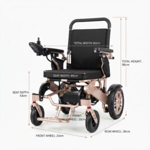 Technical specification diagram of the power wheelchair indicating a total height of 96 cm, total width of 60 cm, seat width of 45 cm, seat depth of 43 cm, front wheels of 20 cm, and rear wheels of 30 cm.
