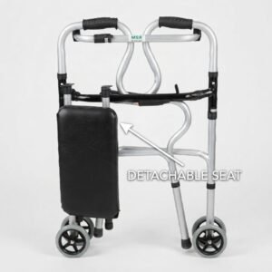 Foldable mobility walker in closed position with a labeled arrow pointing to the detachable black padded seat, set against a clean white background.