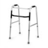 Three-quarter studio view of a standard folding adult medical walker featuring a lightweight silver aluminum frame, black stability braces, and comfortable handgrips on a white background.