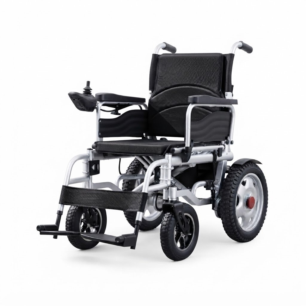A detailed product shot of a silver foldable electric wheelchair with rugged tires and a joystick controller.
