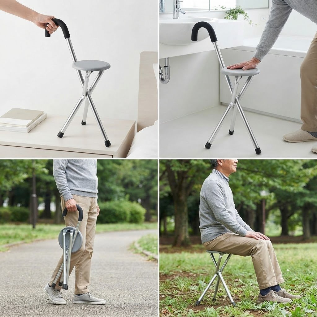 Four-panel collage showing the portable cane stool being held, used indoors by a bed and near a sink, and used outdoors in a park.