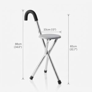Diagram showing the specifications and measurements of the walking stick seat: total height 88cm (34.6"), seat height 83cm (32.7"), and seat width 33cm (13").