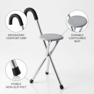 Image of the folding walking chair with callouts highlighting the ergonomic comfort grip, durable contoured seat, and stable non-slip feet.
