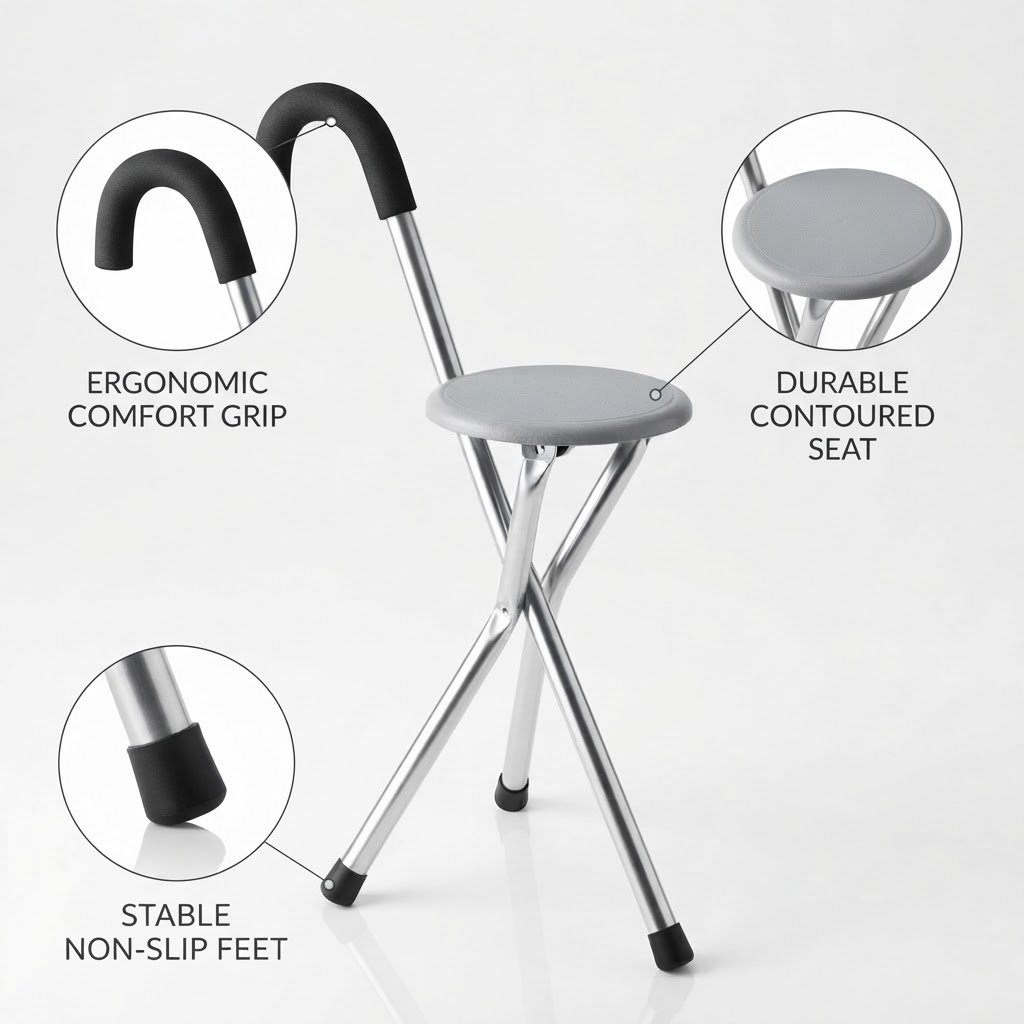 Image of the folding walking chair with callouts highlighting the ergonomic comfort grip, durable contoured seat, and stable non-slip feet.
