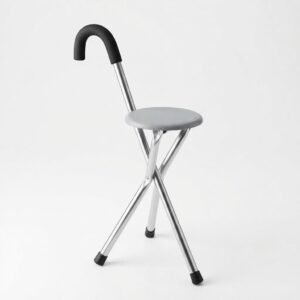 Portable folding stick chair with comfortable seat and ergonomic handle for elderly mobility support on white background