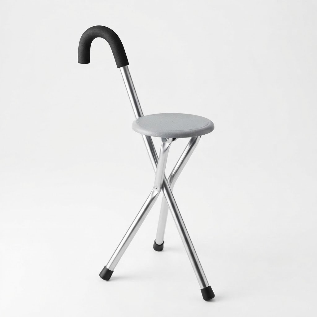 Portable folding stick chair with comfortable seat and ergonomic handle for elderly mobility support on white background