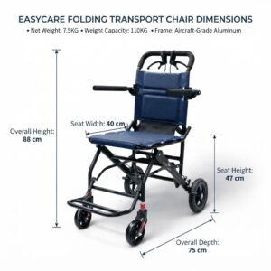 Lightweight folding wheelchair dimensions diagram showing 7.5kg weight and aircraft-grade aluminum frame for patients in Pakistan