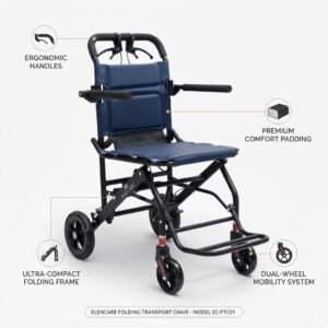 Portable travel wheelchair highlighting ergonomic handles, comfort padding, and ultra-compact folding frame