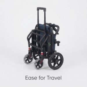 Compact foldable wheelchair fully folded in travel mode for easy storage in car boots and airplanes