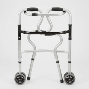 Top-down view of a lightweight folding walker with front wheels and dual-stage release mechanism.