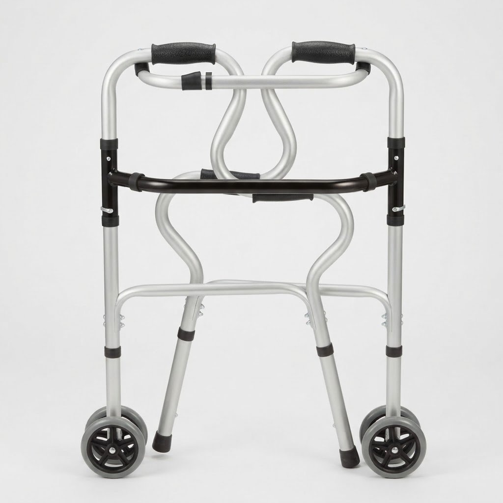 Top-down view of a lightweight folding walker with front wheels and dual-stage release mechanism.